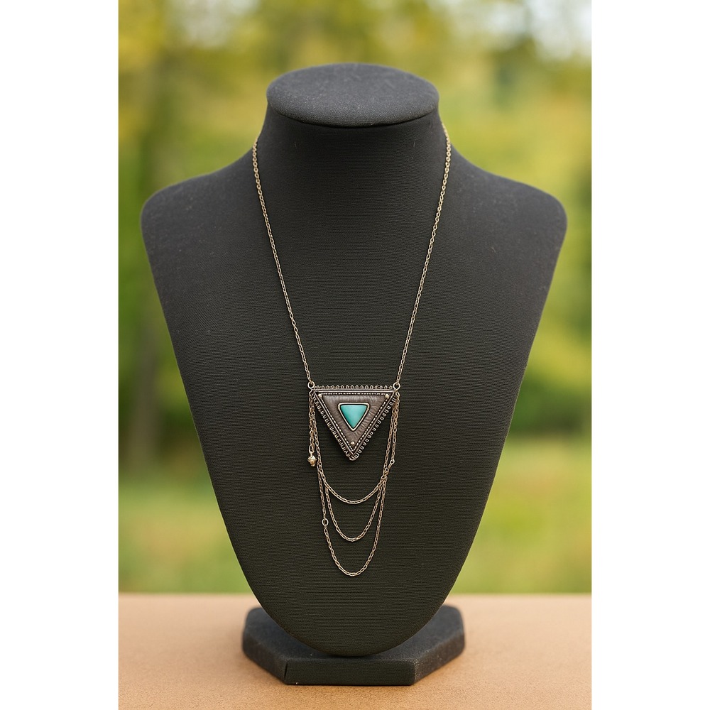 Tribal Boho Turquoise Triangle Pendant Necklace Silver Layered Chains
